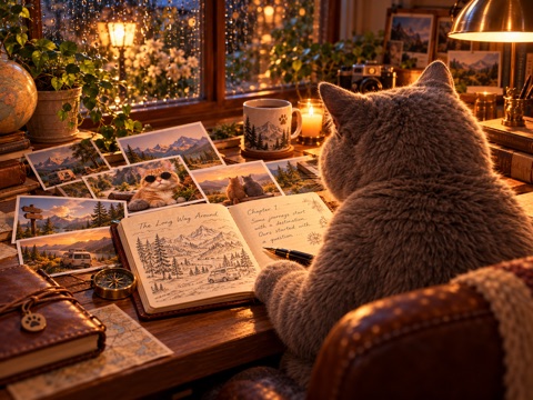 A gray cat seen from behind at a wooden desk by a rainy window at night, with a candle, a mug, scattered travel photographs, and an open notebook.