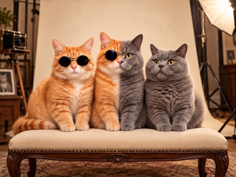 Three cats on a cushioned bench in a photography studio: an orange cat in round black sunglasses, a cat that is half orange and half gray with one dark lens, and a round gray cat.