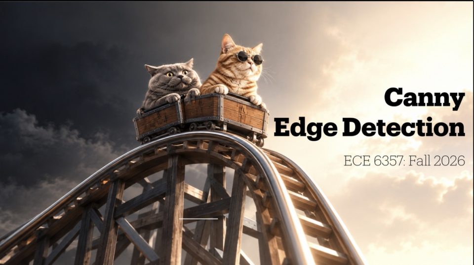 Canny Edge Detection title slide: the two cats in a cart at the top of a roller coaster.