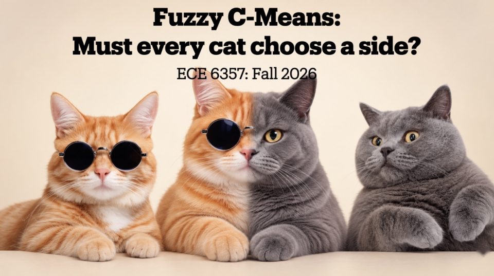 Fuzzy C-Means title slide: Sol, Moss, and a half-orange, half-gray cat between them.