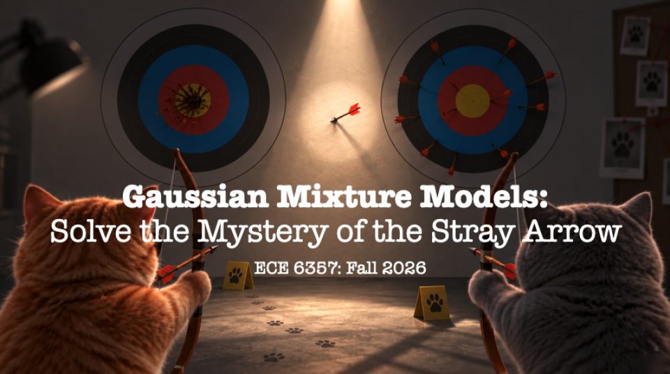 Gaussian Mixture Models title slide: the two cats with bows, two archery targets, and one stray arrow on the wall.