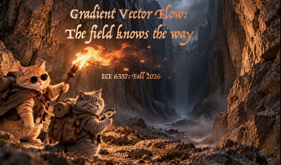 Gradient Vector Flow title slide: the two cats with a torch and a compass in a canyon.