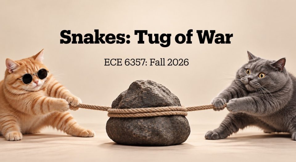Snakes title slide: the two cats in a tug of war around a rock.